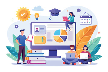 Obraz premium Students engage with a digital platform featuring educational resources and tools in a colorful, inviting environment, Education and training, learning, Landing webpage design,