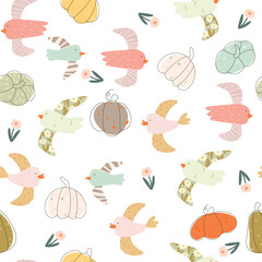 Seamless pattern with birds, pumpkins, and flowers fall pattern.