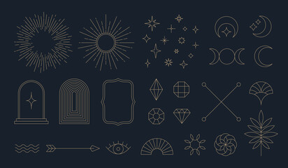 Set of linear thin line art deco boho retro vintage design elements. Geometric shapes, Outline symbols