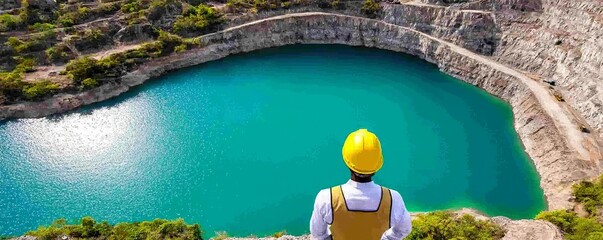 Mining engineer standing by a pristine lake