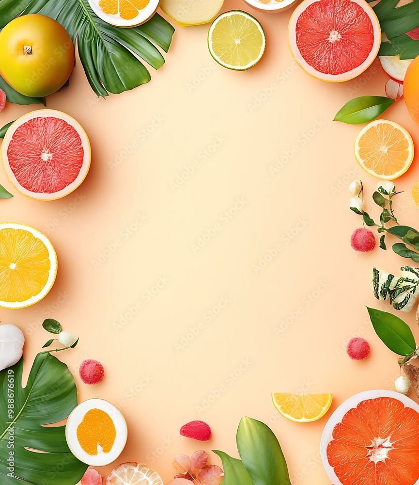 Wall mural Fresh Tropical Fruits and Leaves on Pink Background