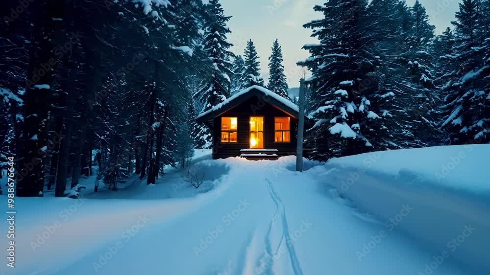 Aufkleber warm candle glows on a snowy path to a cozy log cabin in a peaceful forest at dusk, creating a seren