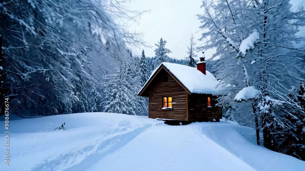 Poster small wooden cabin glows in a snowy forest at twilight, creating a peaceful and serene scene
