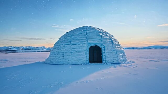 Snow covered frozen lake with a traditional igloo ice house standing on it at sunset, providing a serene and captivating winter scene