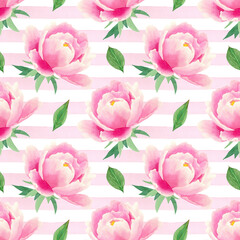 Seamless peonies background. Watercolor hand drawn floral pattern with delicate pink flowers and pink stripes for textile, fabric texture, wallpapers