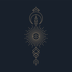 Celestial symbols, Thin line spiritual illustration. Magic occult emblems