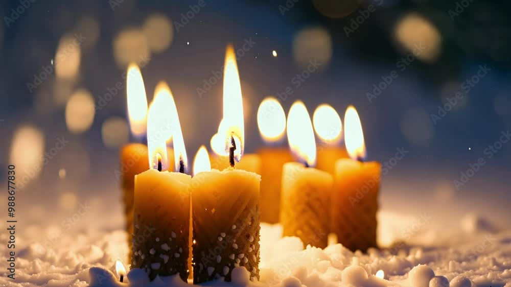Poster several lit candles are standing in the snow during a winter night, providing a warm and inviting gl