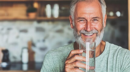 Senior man smiling as he drinks a large glass of water, healthfocused kitchen, hydration awareness, nutrition education