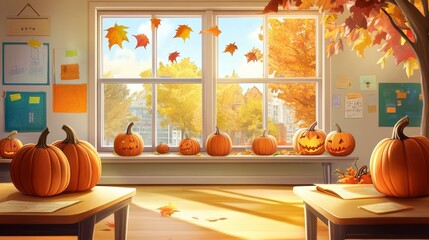 Cozy Autumn Classroom with Pumpkins and Leaves
