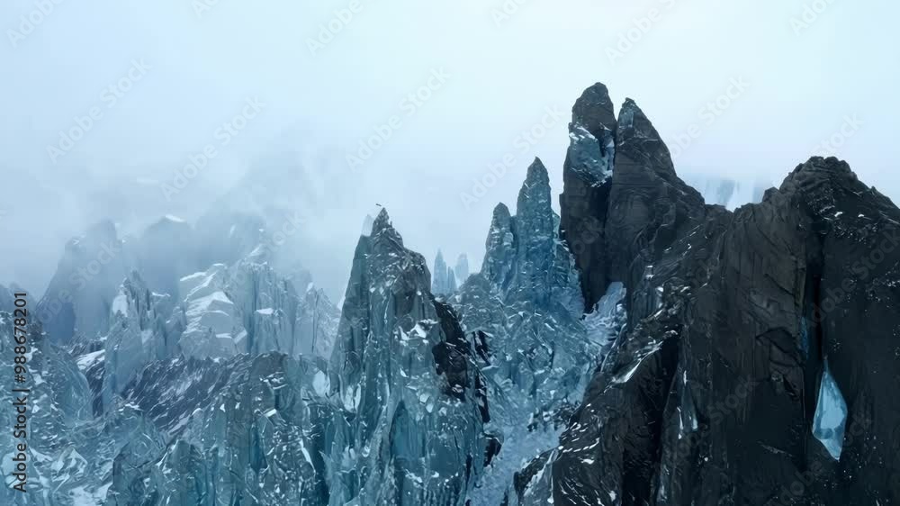 Poster Capturing the raw power of nature in a snowy mountain range, with sharp peaks piercing through the cloudy sky