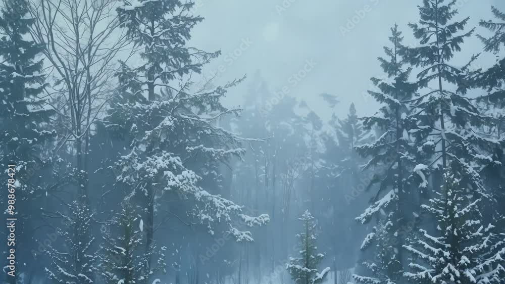 Poster snow gently falls on pine trees in a misty forest, creating a captivating winter scene. the serene a