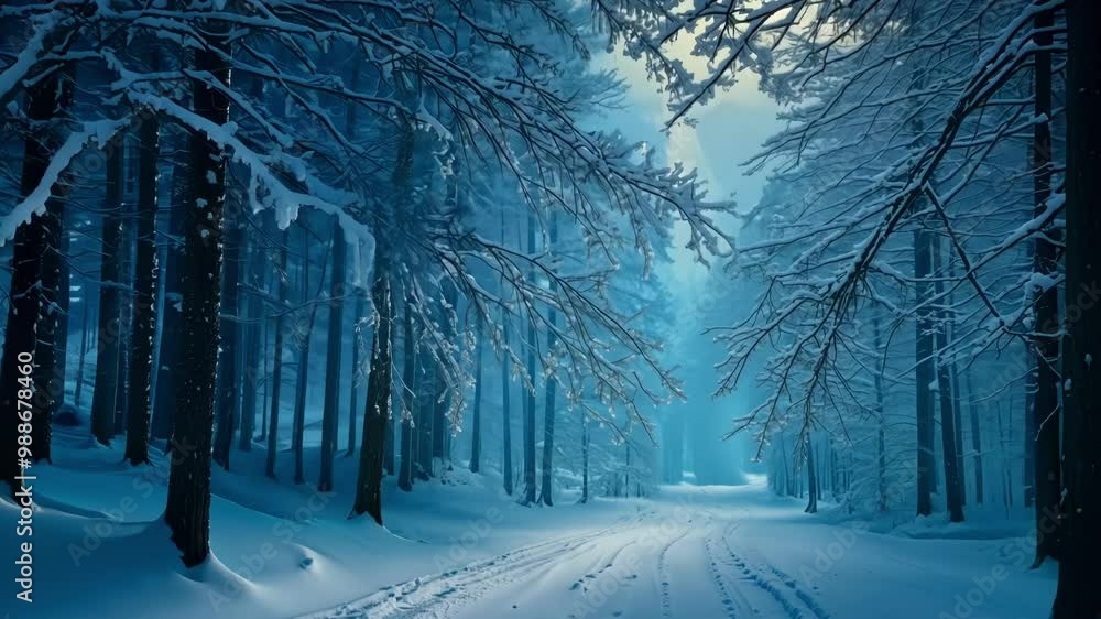 Poster serene winter wonderland with a snow covered path winding through a mysterious forest