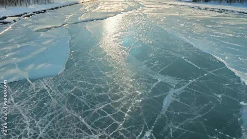 Aufkleber Sun is shining through ice cracks forming interesting patterns on a frozen lake surface, creating a beautiful natural texture