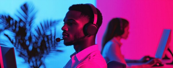African American Man with Headset in Neon Lights
