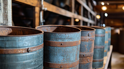Fototapeta premium weathered metal barrels arranged in a vintage storage space, showcasing the patina and history of the materials