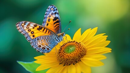 Obraz premium Vibrant Butterfly on Sunflower: Stunning Close-Up Image Perfect for Nature-Inspired Wall Art or Eye-Catching Posters in Home, Office, or Sportive Interiors!