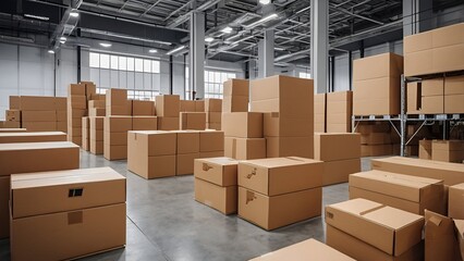 Item storage in a modern warehouse. Cardboard boxes are tidily organised on rack.