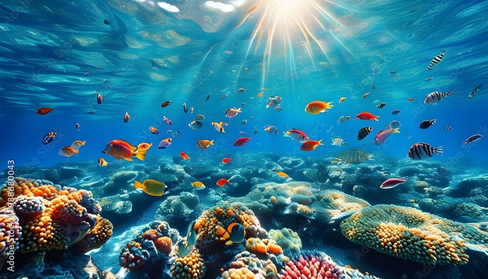 Wall mural vivid tropical fish gliding through radiant coral reefs in crystal clear blue waters with sunlight s