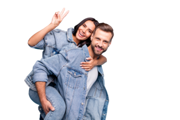 Portrait of lovely guy carrying his passion making v-signs wearing denim jeans jacket isolated over blue background