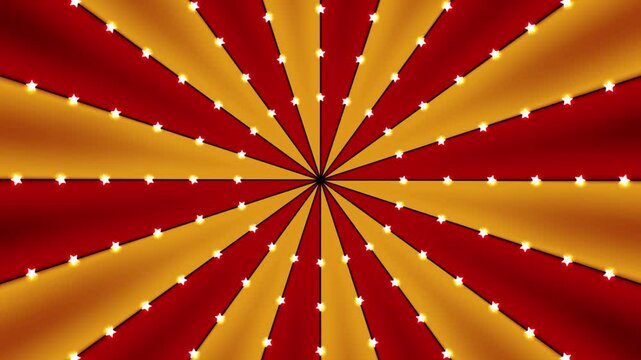 Circus animated rotation looped background of red and gold lines stripe with star constellations light bulbs tinsel. Retro motion graphic sun beam ray. Fun fair burst.