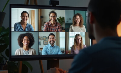 group of six diverse individuals engaged in video conference, smiling and interacting on large screen. atmosphere is friendly and collaborative, showcasing modern technology in professional setting