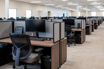 Modern Office Workspace with Cubicles  Desks  Computers  and Chairs
