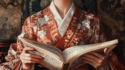 Naklejka premium Elegant Chinese Woman Reading in Traditional Attire