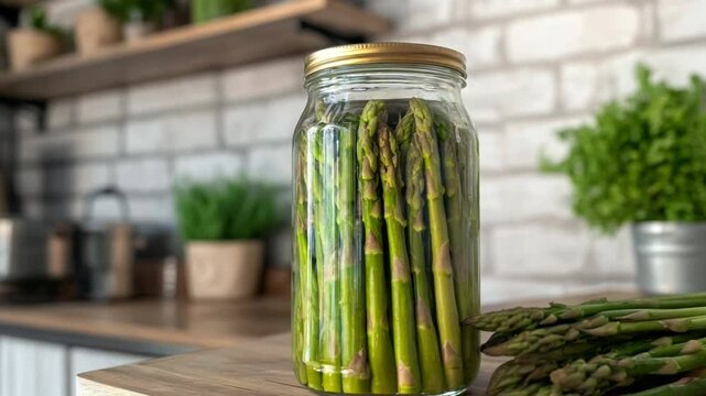 A jar of asparagus pickles sits on a countertop in a kitchen