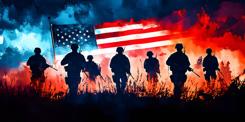 Obraz premium USA soldier silhouettes, flag, graphic design. Generative AI