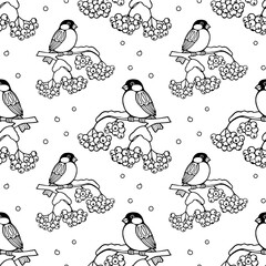 Seamless pattern, bullfinch bird on a snow-covered rowan branch. Black and white drawing, textile, sketch, vector