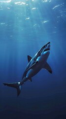 Fototapeta premium Majestic Shark Swimming in the Deep Blue Sea. Underwater Wildlife Concept