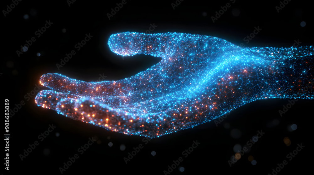 Poster digital hand hologram representing communication with artificial intelligence and neural network con