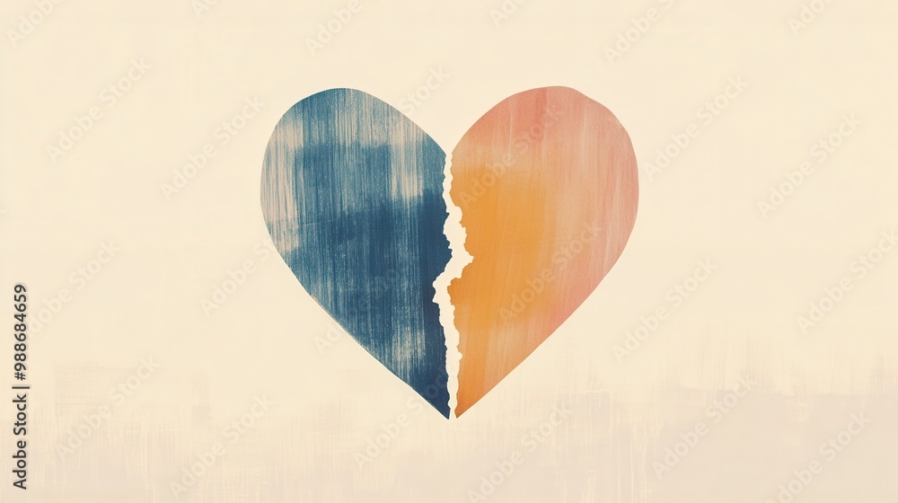 Poster heart split in two, with clean lines and soft, muted colors in the background