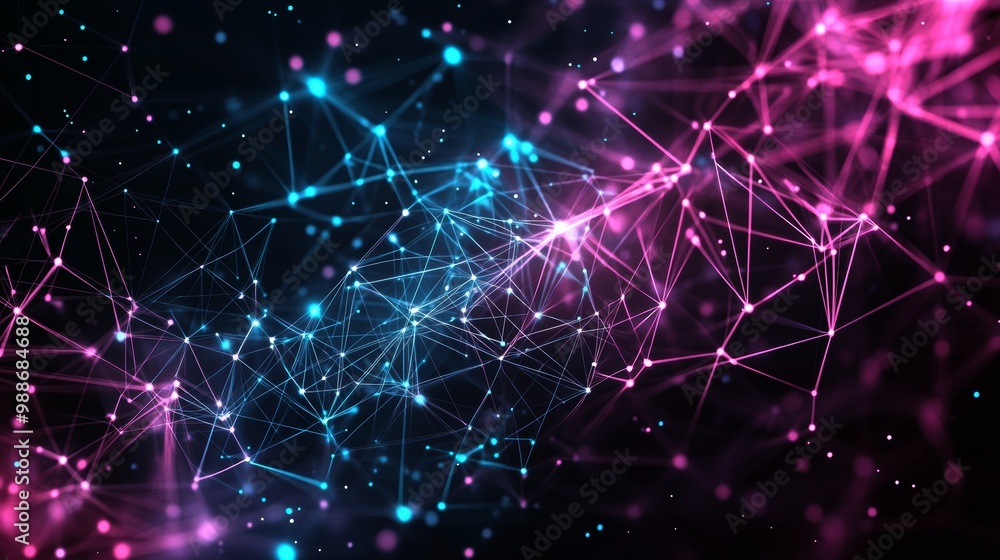Fototapete The background features a purple and blue abstract pattern, glowing geometric shapes connected by lines, a network or stock theme, and an interconnected complex pattern with triangles and dots.