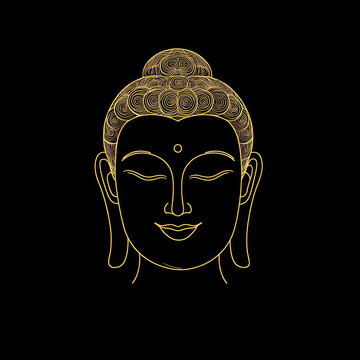 recommend clip art: Golden Buddha head logo, simple line art with golden details on a black background
