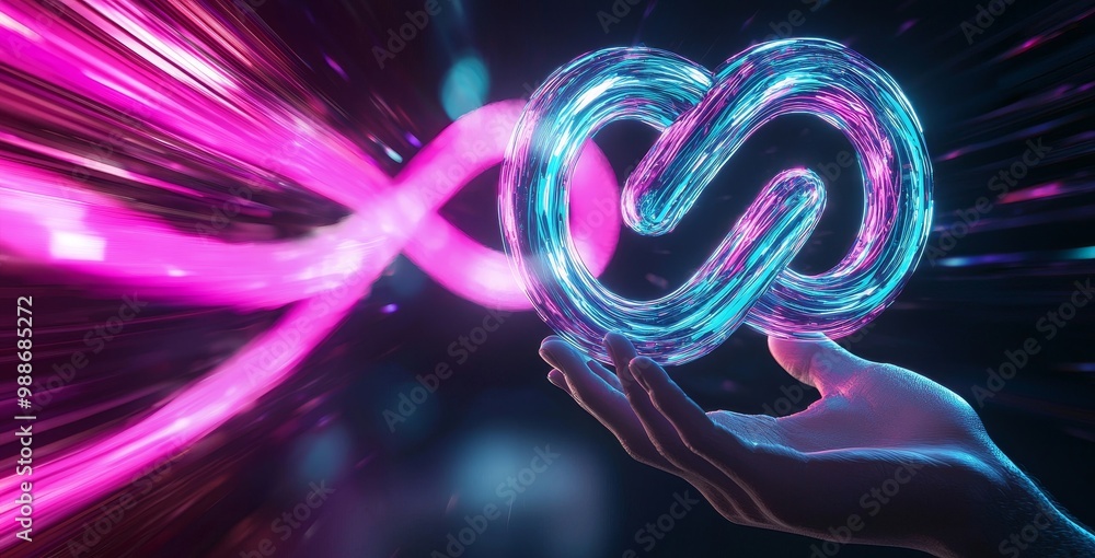 Poster The hand holding the virtual reality infinity symbol represents the community connection with the world's global network technology system, as well as the abstract loop sign element of innovation