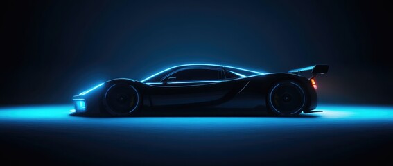 Sports car with lights on, high resolution,