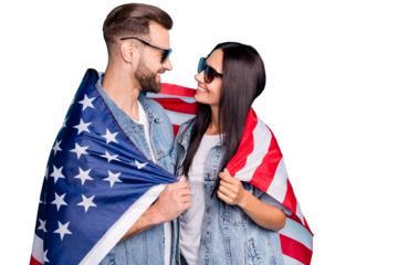 Profile side photo of cheerful married people having eyewear eyeglasses cover their denim jeans jackets with us flag isolated over blue background