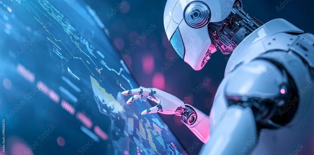 Aufkleber An android robot pointing to the screen with a finger gesture. Computer coding AI chatbot in a futuristic technology stock image. Computer programming knowledge concept.