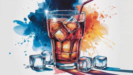 A watercolor illustration of a glass of coke with ice cubes