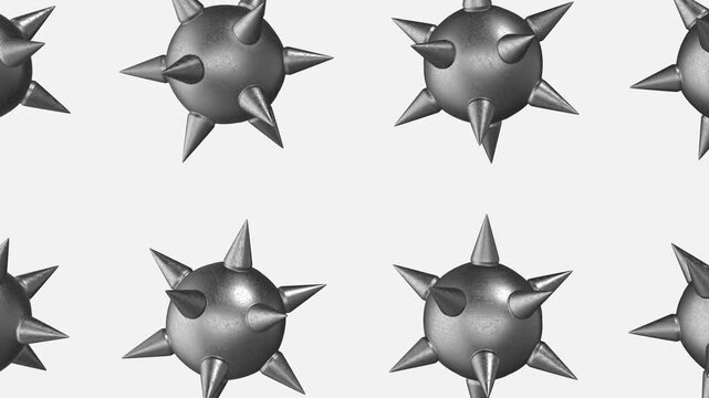 3D Spiked Metal Ball Falling on a White Background. Iron Metal Balls Animation. 4K