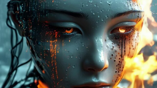AI post apocalyptic  android robots  melting in fire
