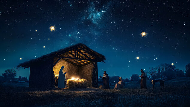 A serene nativity scene depicts figures gathered around a stable under a brilliant starry sky, evoking a peaceful, spiritual atmosphere.