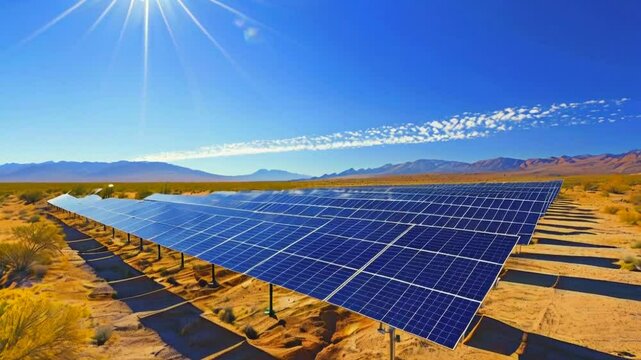Solar panels in a desert landscape harnessing renewable energy under a clear blue sky.