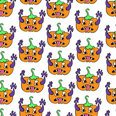 seamless pattern with halloween pumpkins characters in vector. design for backdrop decoration postcard poster print background wallpaper package textile banner