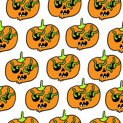 seamless pattern with halloween pumpkins characters in vector. design for backdrop decoration postcard poster print background wallpaper package textile banner
