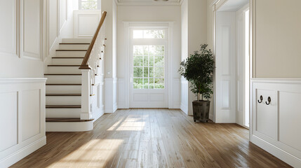 Bright and airy entry foyer with white wall stair case light colored hard wood flooring dark walnut front door entry coat rack hooks to a welcoming interior