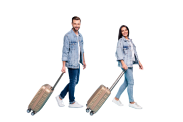 Full size profile side photo of charming spouses holding packs wearing denim jeans jackets isolated over blue background