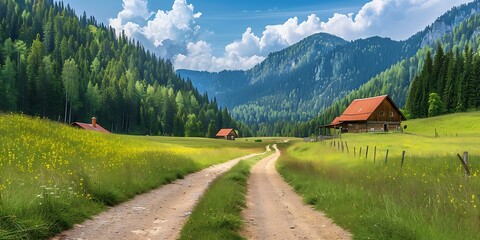 idyllic mountain landscape with a dirt road leading to traditional wooden houses