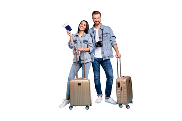 Full length photo of married people holding trolley hug embrace wear stylish denim jeans jackets isolated over blue background